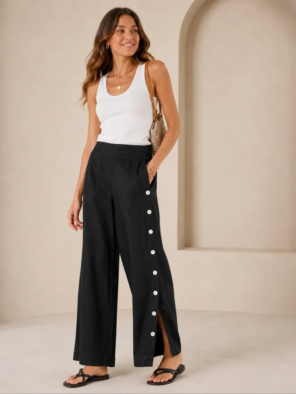 Soft Surroundings Sonoma Black Linen Blend Side Button Wide Leg Pull-On Pants L
